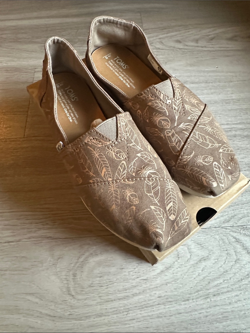 TOMS Women's Brown Canvas Slip-Ons with Feather Print